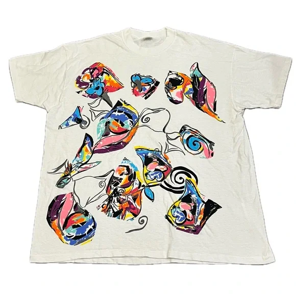 Vintage 90s Multicolor Abstract Geometric Single Stitch Funky Swirl Art - Picture 2 of 7